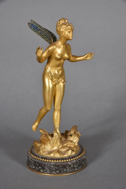  Louis Kley (1833-1911) 
Zéphir, joli bronze doré figurant une jeune femme libellule...
