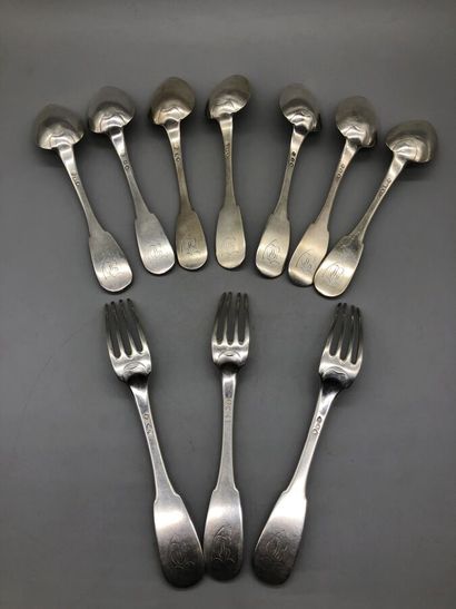 null Sept cuillères et trois fourchettes en argent, modèle uni-plat, spatules chiffrées...