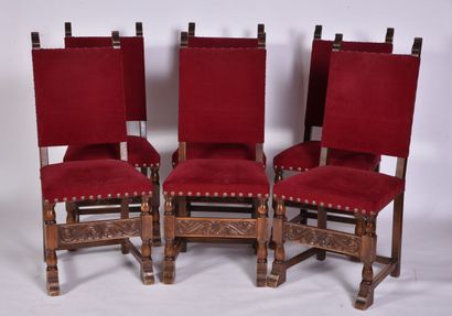  * Suite de six chaises dans le style du XVIIème en bois naturel teinté, dossiers...