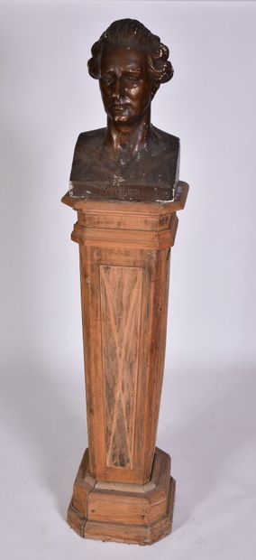  Buste en plâtre peint à la façon du bronze patiné présenté sur une colonne en sapin...
