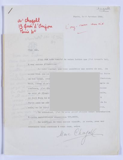 Marc CHAGALL (1887-1985). Lettre dactylographiée...