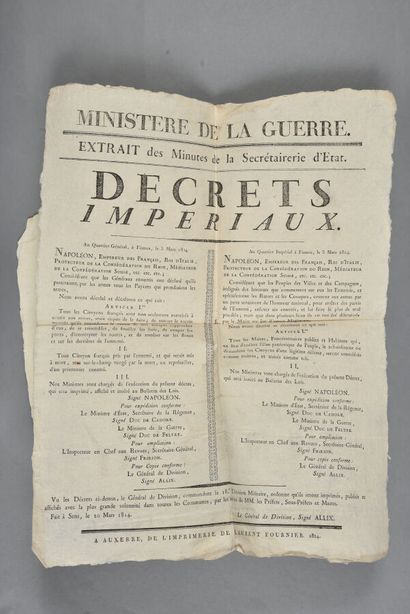 null MARNE. 2 affiches, 1814. 45 x 35 cm.

2 décrets impériaux (différents) faits...