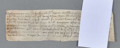 null GUERRE DE CENT ANS. Pièce manuscrite sur parchemin, 21,5 x 6,5 cm. 29 août 1405.

Rétribution...