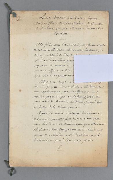 null PARIS. Manuscrit signé par la comtesse de Béthune, et son chargé d'affaires...
