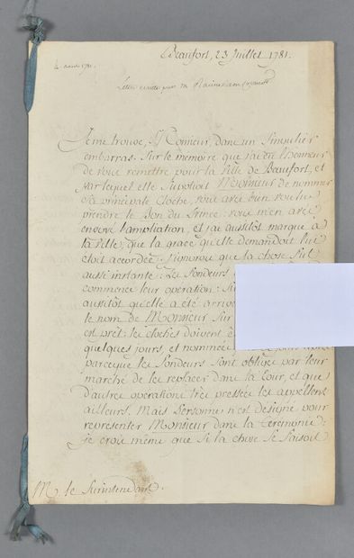 null MAINE-ET-LOIRE. Lettre signée « Racine » à « M. le surintendant ». 6 pp. in-folio....