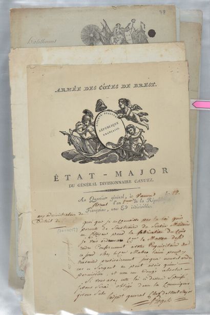 null VIGNETTES RÉVOLUTIONNAIRES. Collection de 18 grands documents in-folio ornés...