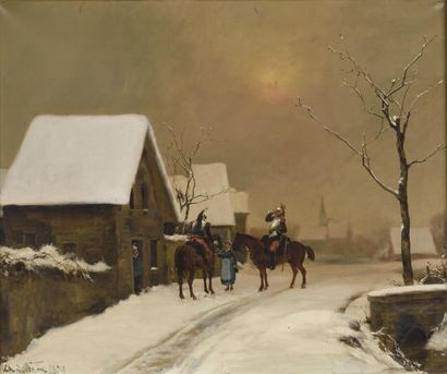 null Théodore LEVIGNE (1848-1912).

La halte des cuirassiers en hiver, 1879.

Huile...