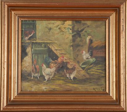  KOVACS ( ?) Fin XIXème-début XXème siècles. 
Le coq et ses poules. 
Huile sur toile....