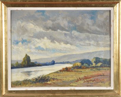  Anatole DEVARENNE (1880-1954). 
Paysage à la rivière. 
Huile sur toile. 
Signé en...