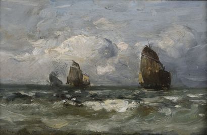  Jean-Baptiste OLIVE (1848-1936). 
Voiliers en mer. 
Huile sur panneau. 
Signé en...