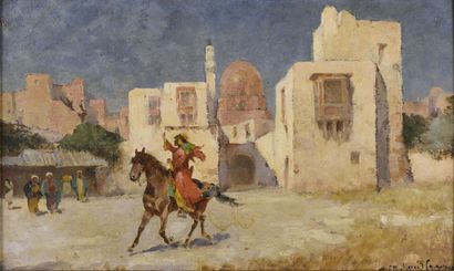 null Charles MONTLEVAULT (c.1835-1897).

Cavalier arabe devant une mosquée.

Huile...