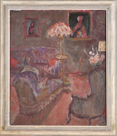 null René HAMIOT (1912-1975).

Intérieur à la lampe allumée.

Huile sur toile.

Signé...