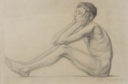 null Dans le goût de Henry Scott TUKE (1858-1929).

Jeune garçon nu, assis, la tête...
