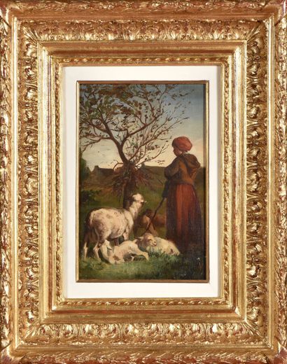  Louis BONNETON (1851-1933). 
Bergère et ses moutons. 
Huile sur toile. 
Signé en...