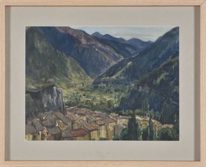  Attribué à Henriette MOREL (1884-1956). 
Village en Ardèche. 
Aquarelle sur papier....