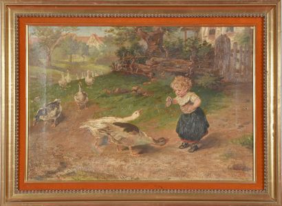  L. RETTING (Fin XIXème siècle). 
Enfant nourrissant les oies, 1893. 
Huile sur toile....