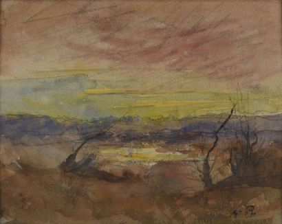  François Auguste RAVIER (1814-1895). 
Ciel rouge et jaune sur l'étang. 
Aquarelle...