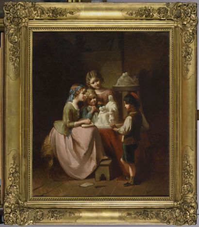  François Louis LANFANT DE METZ (1814-1892). 
Enfants dans l'atelier du sculpteur....