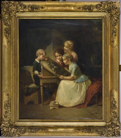  François Louis LANFANT DE METZ (1814-1892). 
Enfants dans l'atelier du peintre....