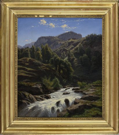  Pierre Alexandre JEANNIOT (1826-1892). 
Torrent en montagne sous un ciel bleu, 1853....