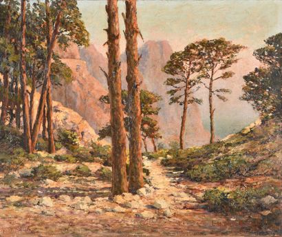  L. Michel MICHAELI (XXème siècle). 
Les pins sylvestres au pied du baou, 1933. 
Huile...