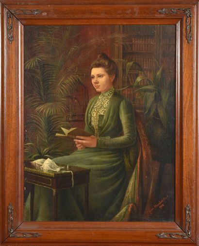  Léonie HUMBERT-VIGNOT (1878-1960). 
Femme dans la bibliothèque, 1902. 
Huile sur...