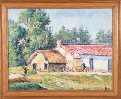  Jean Peské (1870-1949). 
Devant la ferme animée. 
Huile sur toile collée sur carton....