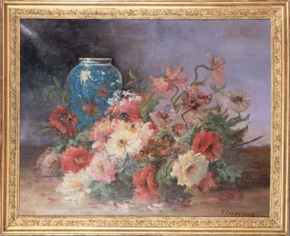  Edmond Van Coppenolle (vers 1843/46-1915). 
Composition florale et vase bleu. 
Huile...