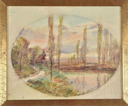  Joannès DREVET (1854-1940). 
Etang des Dombes, 1924. 
Aquarelle sur papier. 
Signé,...