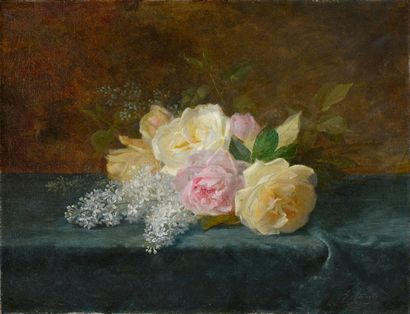  Jules Médard (1855- Circa 1925) 
Jeté de roses sur un velours bleu. 
Huile sur toile....