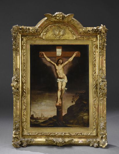  ECOLE HOLLANDAISE du XVIIe siècle 
Le Christ en croix. 
Au premier plan à droite...