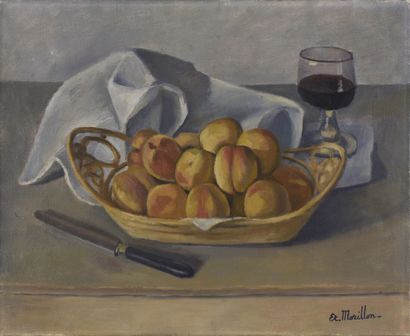 null Etienne MORILLON (1884-1949).

Corbeille d'abricots et verre de vin.

Huile...