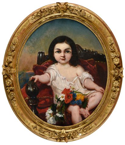  Louis BAUDERON (1809-1870). 
Portrait de fillette au jeté de fleurs, 1857. 
Huile...