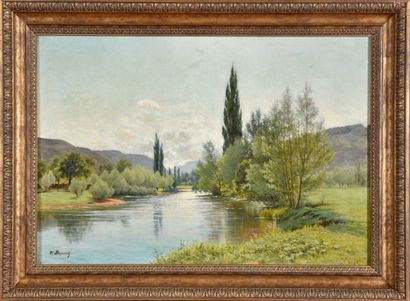  Victor DUCROT ( c. 1852-1912). 
Paysage à la rivière. 
Huile sur toile. 
Signé en...