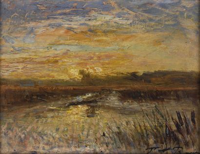 null François Auguste Ravier (1814-1895).

Coucher de soleil sur l'étang. 

Huile...