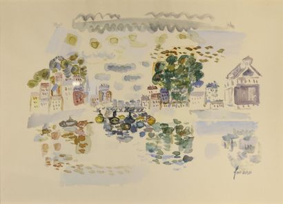 Jean FUSARO (né en 1925). 
Port animé. 
Aquarelle sur papier. 
Signé en bas à droite....