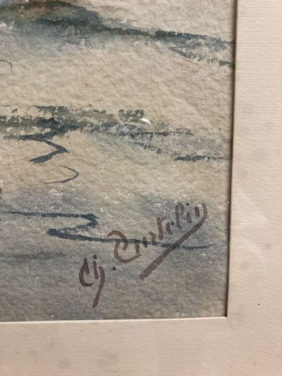  Charles CURTELIN (1859-1912). 
Les voiliers. 
Aquarelle sur papier. 
Signé en bas...
