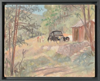 null René HUTET (1907-1994).

Excursion dans la campagne en Citroen traction.

Huile...