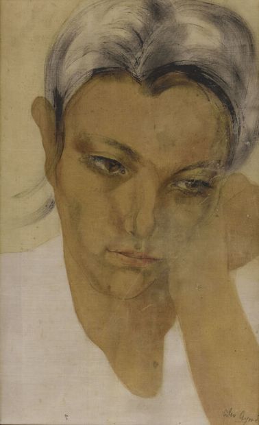null Alix AYMÉ (1894-1989).

Jeune fille pensive.

Aquarelle sur soie.

Signé en...