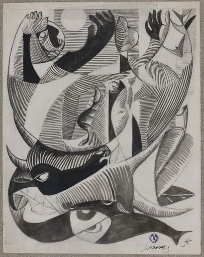null Léopold SURVAGE (1879-1968).

Femmes aux poissons et taureau.

Lavis d'encre...
