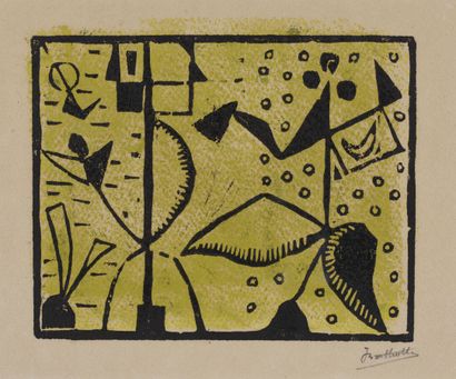 null Jean BERTHOLLE (1909-1996).

Sans titre.

Linogravure sur papier beige.

Signé...