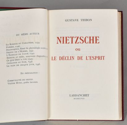 null THIBON Gustave. NIETZSCHE ou le déclin de l'esprit. LYON, LARDANCHET, 1948....