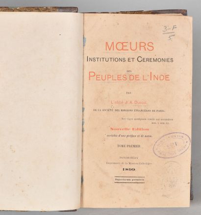 null DUBOIS J. A. MOEURS INSTITUTIONS ET CÉRÉMONIES DES PEUPLES DE L'INDE. PONDICHÉRY,...