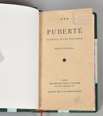 null [ANONYME]. PUBERTÉ. Journal d'une écolière. PARIS, SAILLARD, 1933. Un volume,...