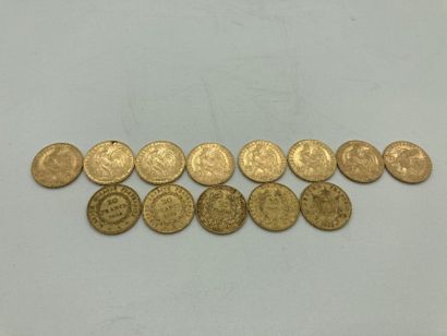 Lot de treize pièces de 20 francs en or,...