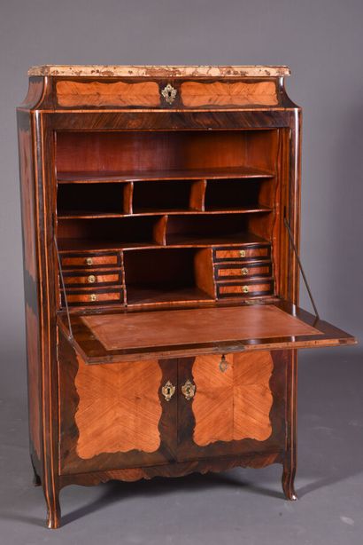 null Straight secretary in rosewood veneer drawing scalloped reserves in a frame...