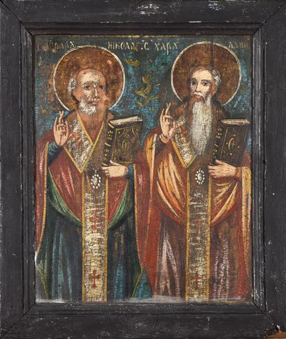 Icone, huile sur panneau, figurant deux Saints...