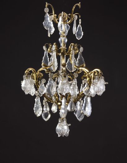 null Large gilt bronze cage chandelier with six arms of light decorated with leaf-shaped...