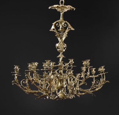 null Large gilt bronze chandelier with twenty-four arms of light on two levels.

19th...