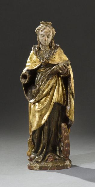 null Sainte Catherine, statuette en bois sculpté, polychromé et doré représentant...